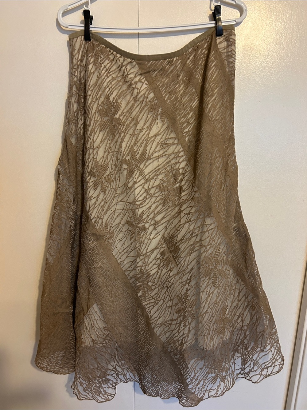Light Brown Boho Lace A-Line Skirt Size 12, 34” long with stretch waist.